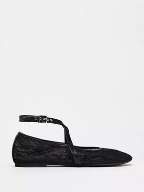 Zara Black Lace Mary Jane Flats with Strap